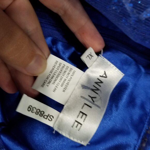 Sz XL Anny Lee Blue Glitter Plunge Illusion Gown with Gold and AB Crystal Trim - Picture 7 of 12